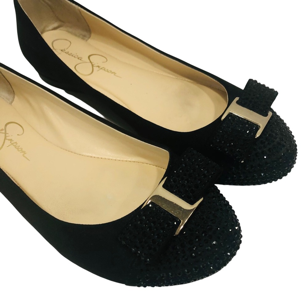 Jessica Simpson Ballet Flats Black Suede Rhinestone Bow Sparkle Womens 6M 36